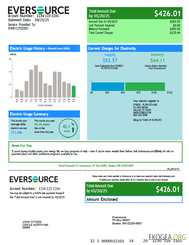 Usa Eversource utility bill template in word and pdf formats template